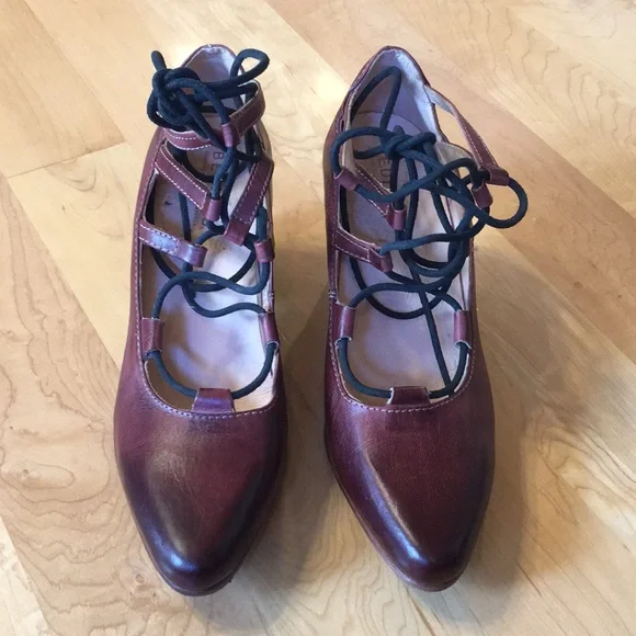 BED | STU Burgundy Leather Lace-Up Block Heel Pumps - Picture 5 of 16
